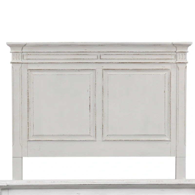 Cama de panel tamaño queen en color marrón desgastado y blanco antiguo