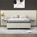 Full Size Beige Velvet Upholstered Platform Bed with Oversized Headboard