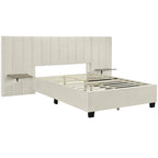 Full Size Beige Velvet Upholstered Platform Bed with Oversized Headboard