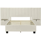 Full Size Beige Velvet Upholstered Platform Bed with Oversized Headboard