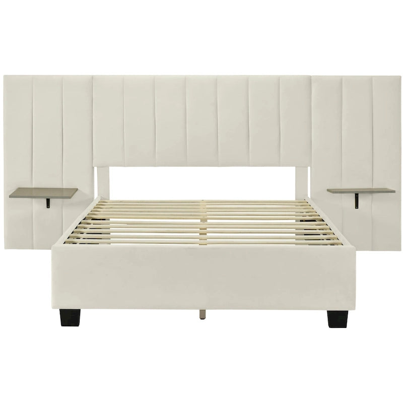 Cama de plataforma tapizada en terciopelo beige tamaño matrimonial con cabecera extragrande