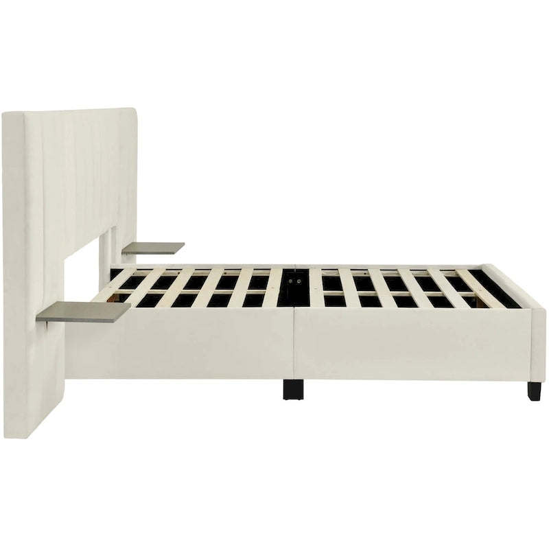 Cama de plataforma tapizada en terciopelo beige tamaño matrimonial con cabecera extragrande