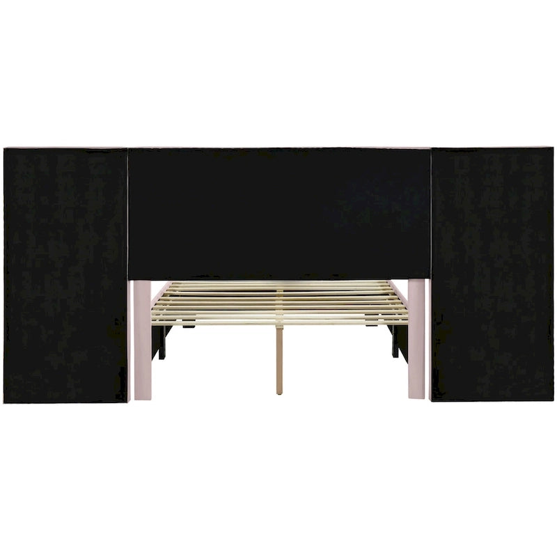 Full Size Beige Velvet Upholstered Platform Bed with Oversized Headboard