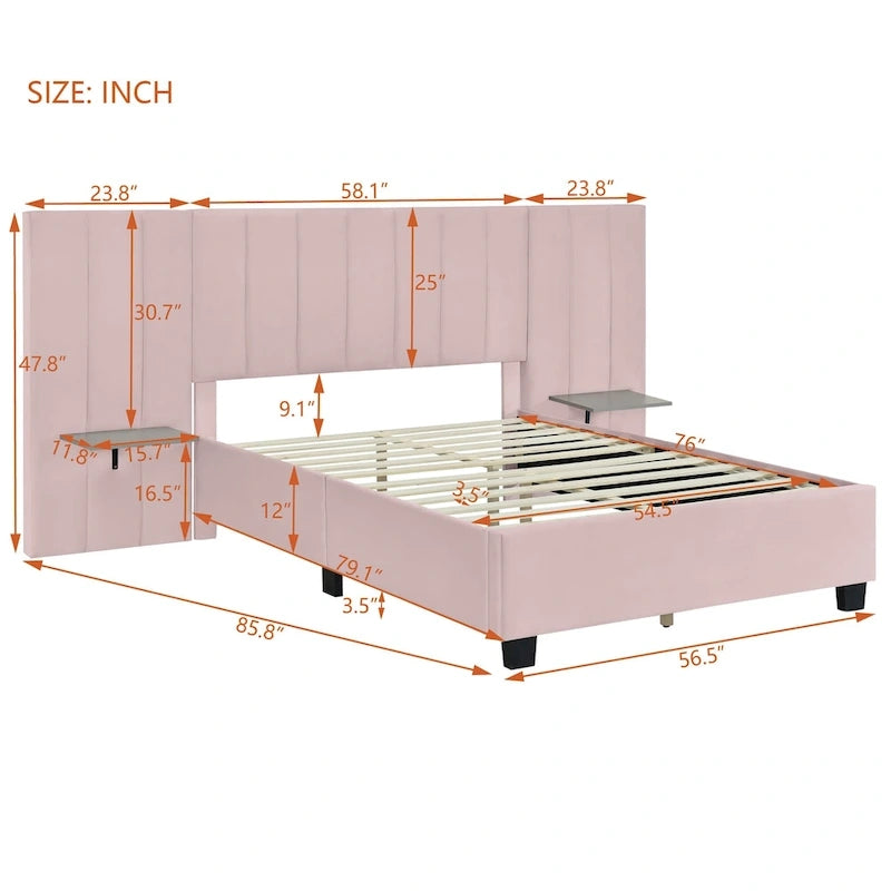 Full Size Beige Velvet Upholstered Platform Bed with Oversized Headboard