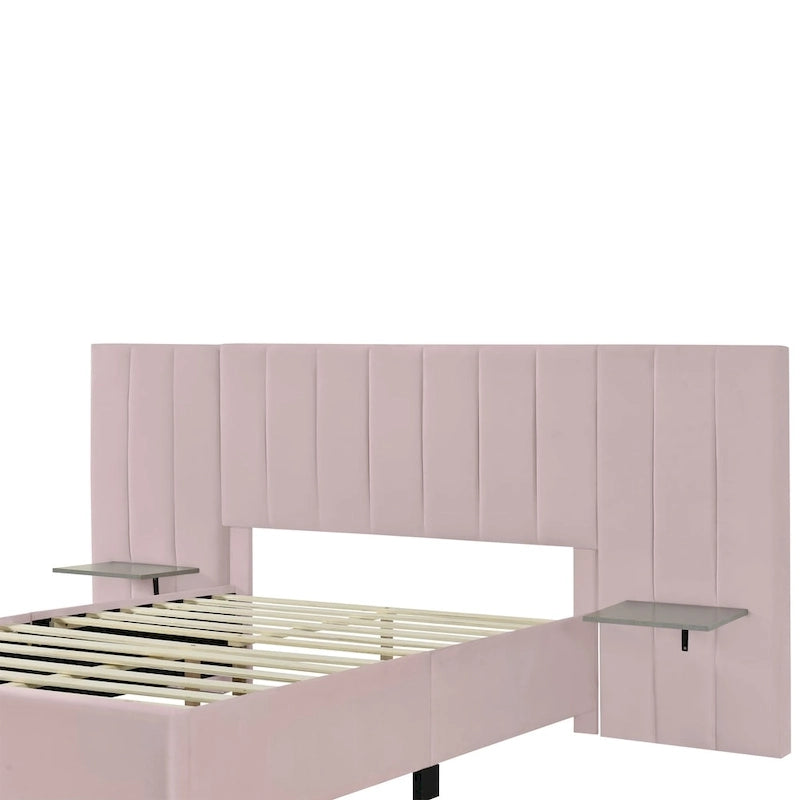 Full Size Beige Velvet Upholstered Platform Bed with Oversized Headboard