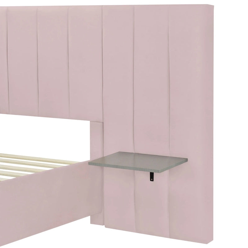 Full Size Beige Velvet Upholstered Platform Bed with Oversized Headboard