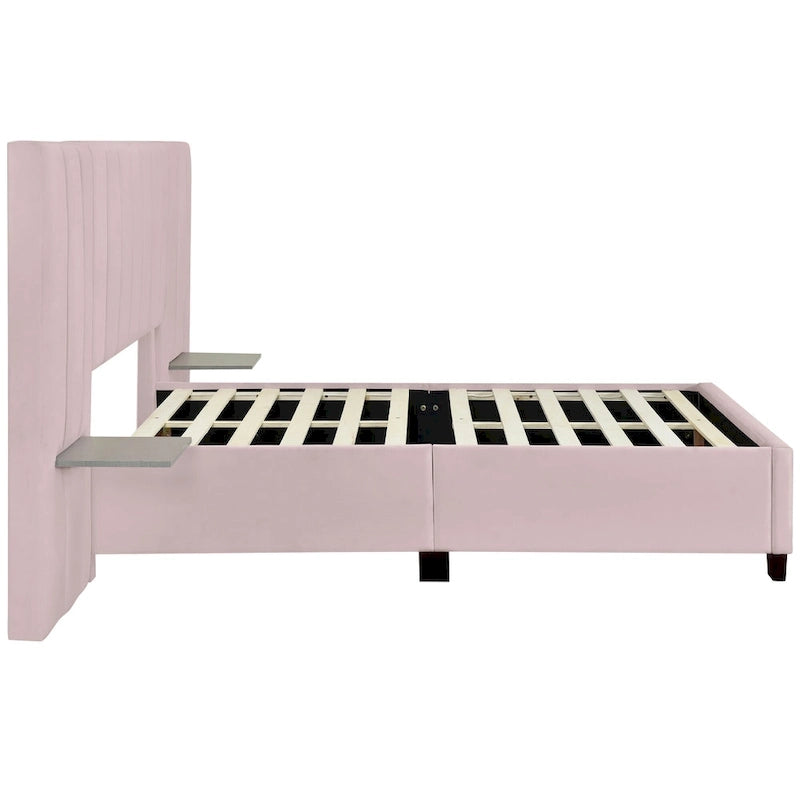 Full Size Beige Velvet Upholstered Platform Bed with Oversized Headboard