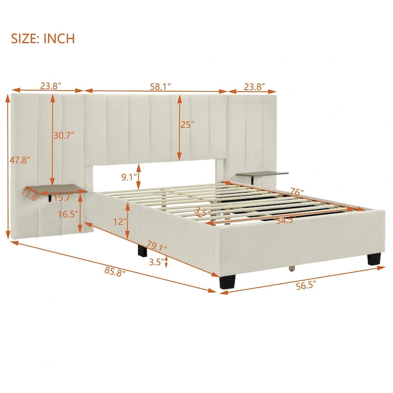 Full Size Beige Velvet Upholstered Platform Bed with Oversized Headboard