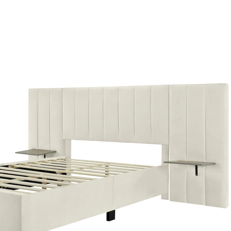 Full Size Beige Velvet Upholstered Platform Bed with Oversized Headboard
