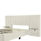 Full Size Beige Velvet Upholstered Platform Bed with Oversized Headboard