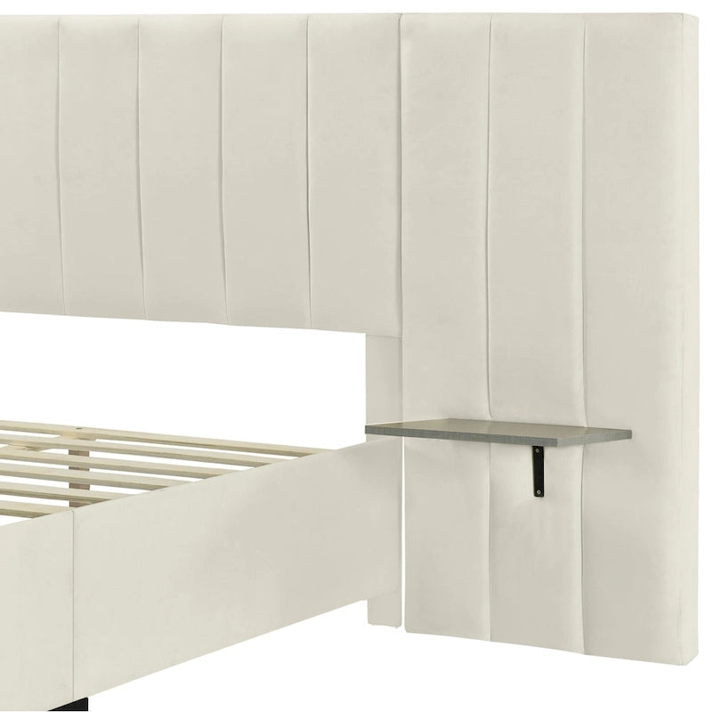 Full Size Beige Velvet Upholstered Platform Bed with Oversized Headboard