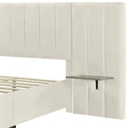 Full Size Beige Velvet Upholstered Platform Bed with Oversized Headboard
