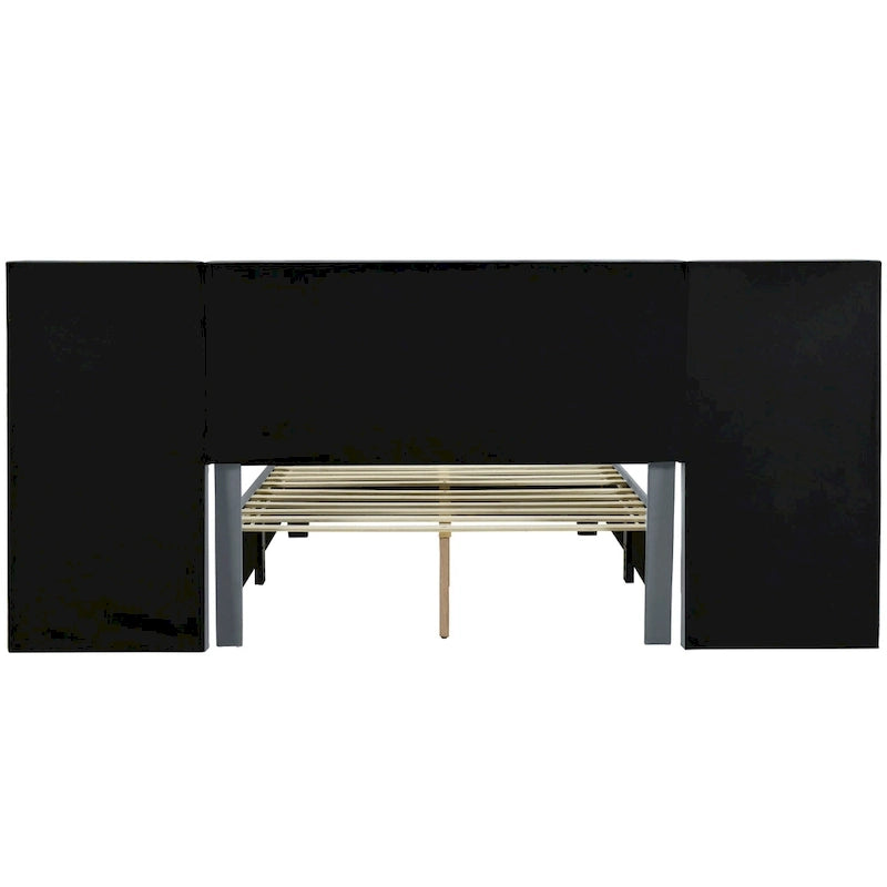 Full Size Beige Velvet Upholstered Platform Bed with Oversized Headboard