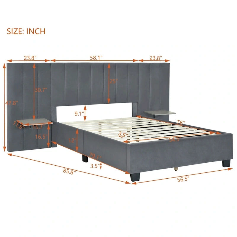 Full Size Beige Velvet Upholstered Platform Bed with Oversized Headboard