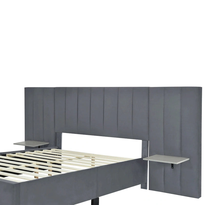Full Size Beige Velvet Upholstered Platform Bed with Oversized Headboard