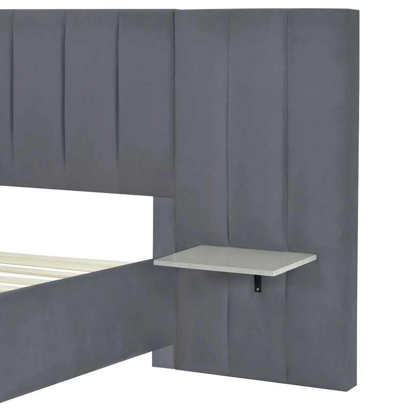 Full Size Beige Velvet Upholstered Platform Bed with Oversized Headboard