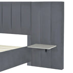 Full Size Beige Velvet Upholstered Platform Bed with Oversized Headboard