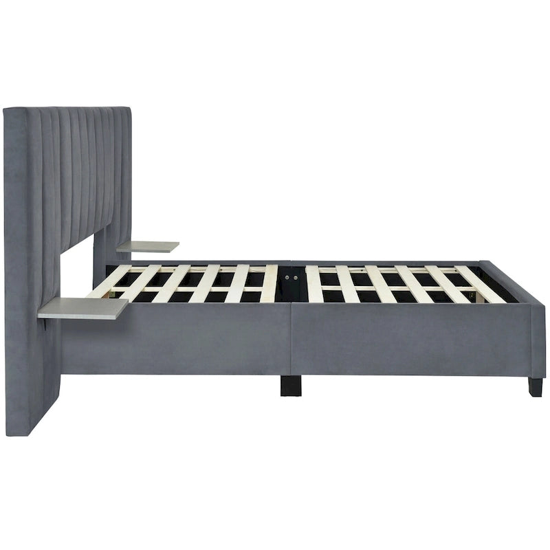 Full Size Beige Velvet Upholstered Platform Bed with Oversized Headboard