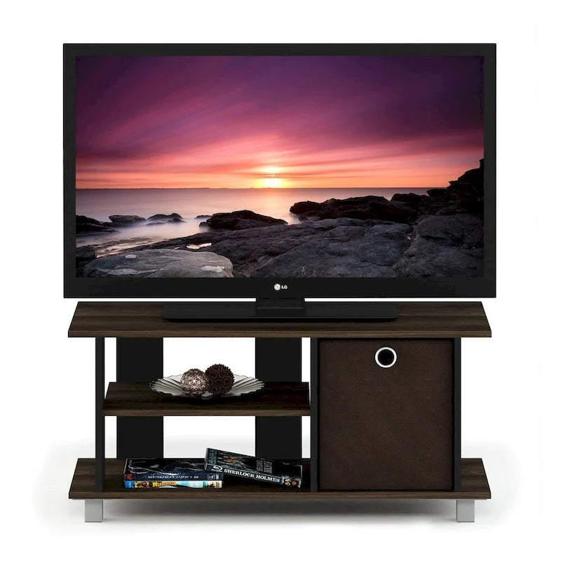 Mueble de TV compacto con estantes y cajón de tela
