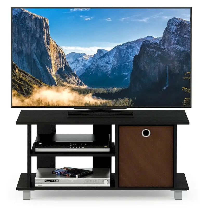 Mueble de TV compacto con estantes y cajón de tela