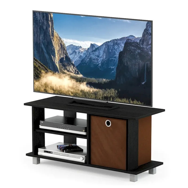 Kompaktes TV-Board mit Regalfächern und Stoffschublade