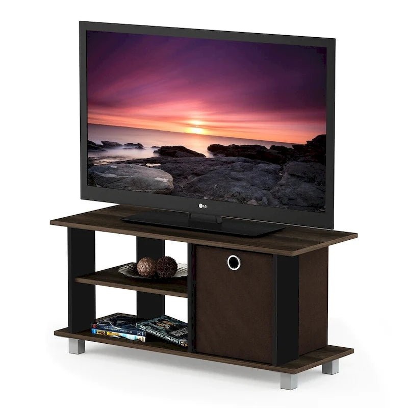 Kompaktes TV-Board mit Regalfächern und Stoffschublade