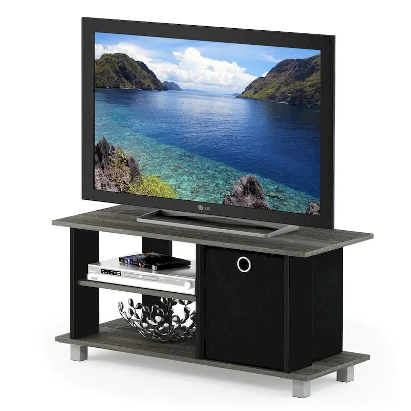 Kompaktes TV-Board mit Regalfächern und Stoffschublade