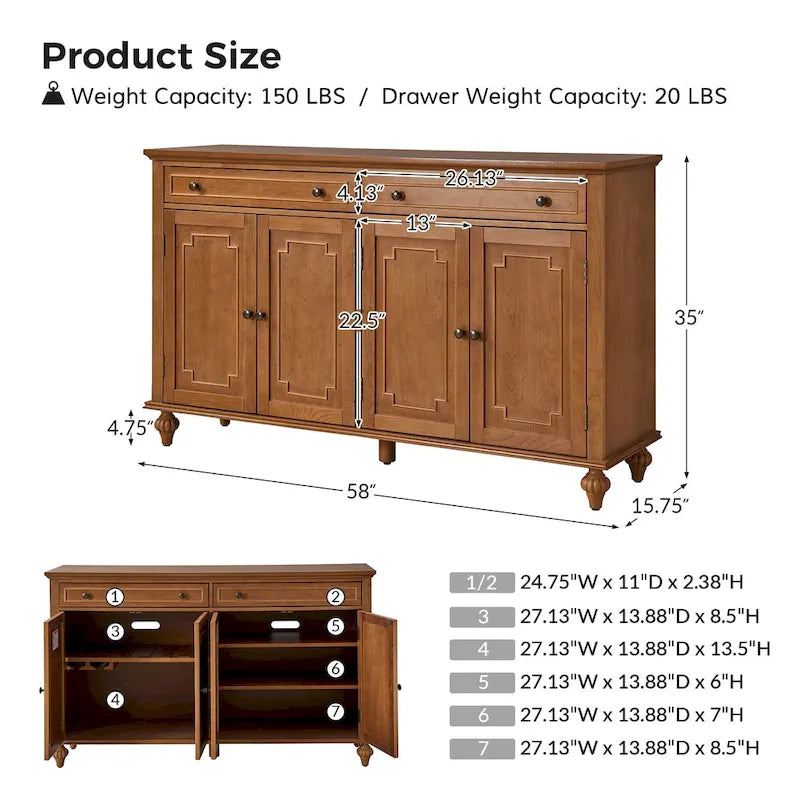 Credenza a quattro ante da 58 pollici con cassetti e portabottiglie