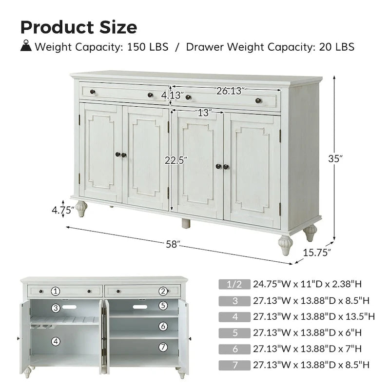 Credenza a quattro ante da 58 pollici con cassetti e portabottiglie