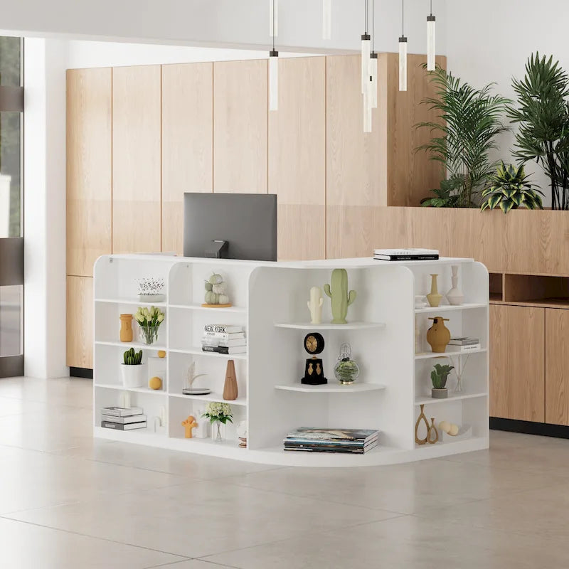 Weißer Empfangstresen mit Regalen, Schublade und Schrank