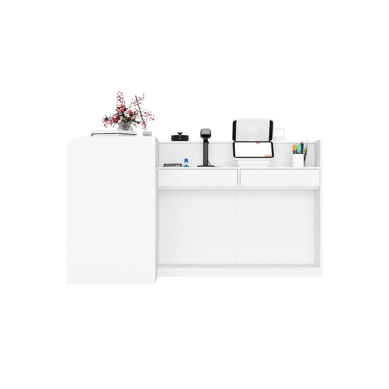 Weißer Empfangstresen mit Regalen, Schublade und Schrank