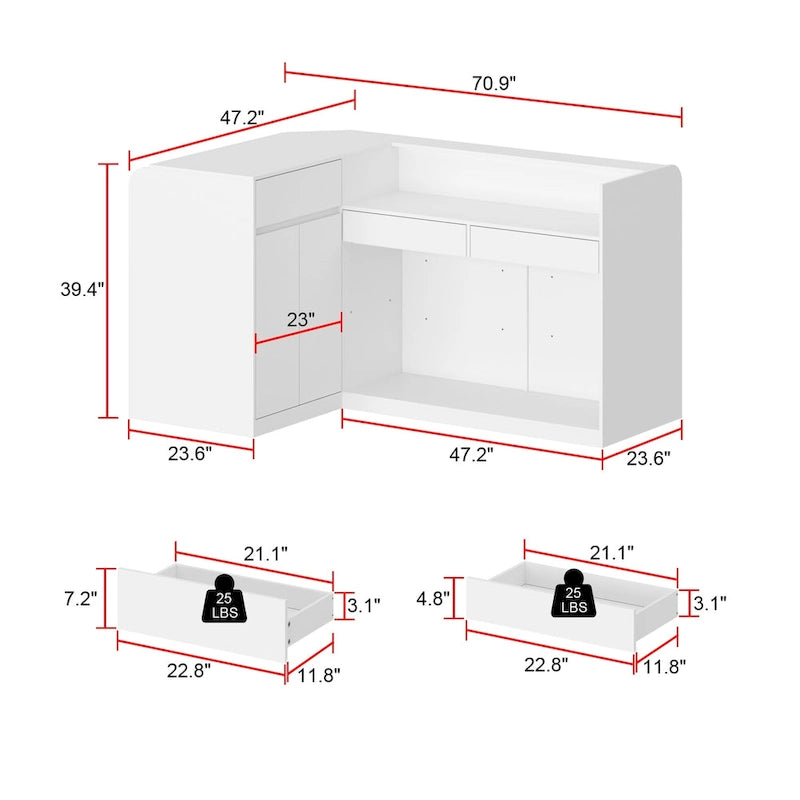 Weißer Empfangstresen mit Regalen, Schublade und Schrank