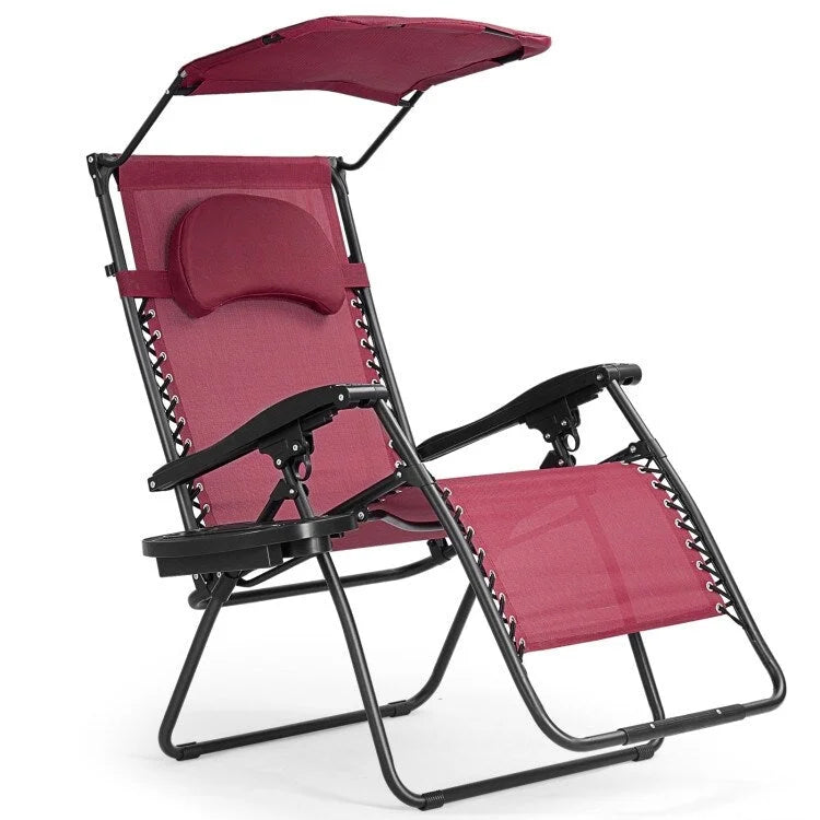 Dark Red Folding Reclining Lounge Chair with Canopy and Cup Holder