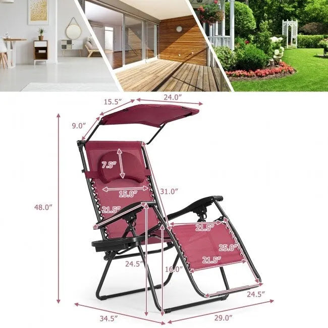 Dark Red Folding Reclining Lounge Chair with Canopy and Cup Holder