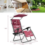 Dark Red Folding Reclining Lounge Chair with Canopy and Cup Holder