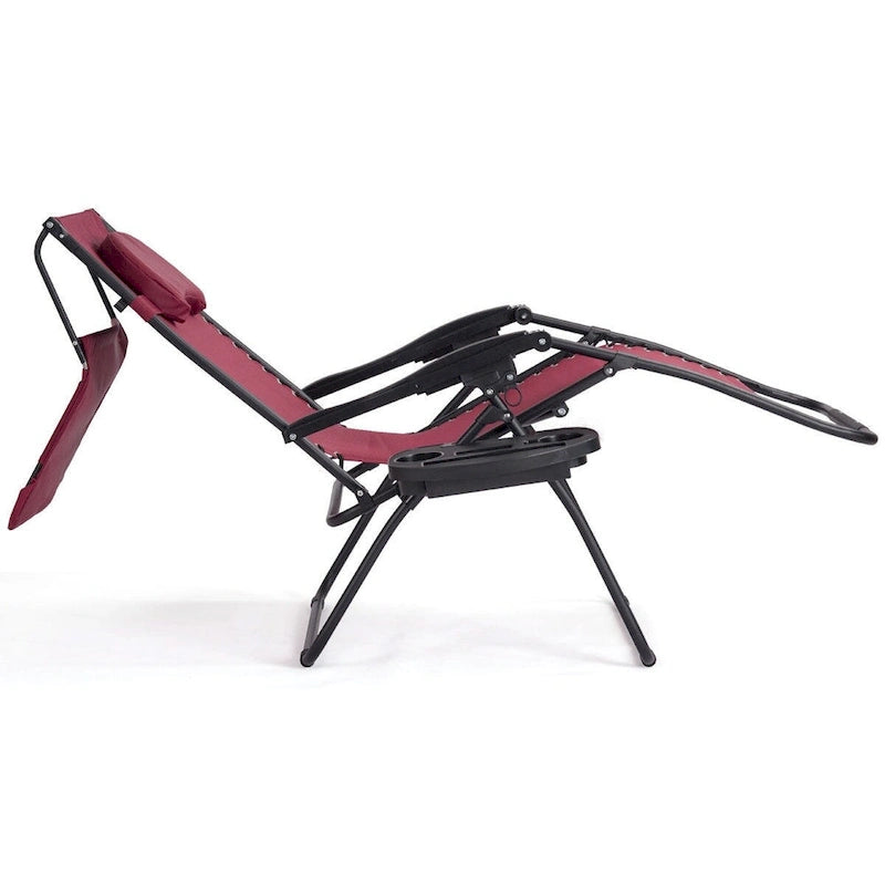 Dark Red Folding Reclining Lounge Chair with Canopy and Cup Holder