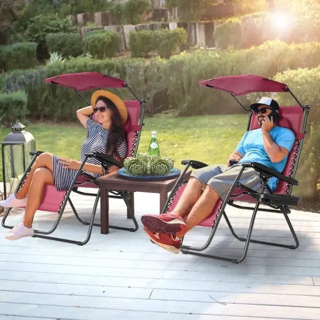 Dark Red Folding Reclining Lounge Chair with Canopy and Cup Holder