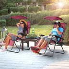 Dark Red Folding Reclining Lounge Chair with Canopy and Cup Holder