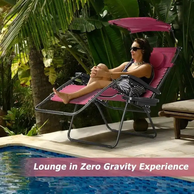 Dark Red Folding Reclining Lounge Chair with Canopy and Cup Holder