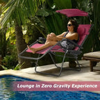 Dark Red Folding Reclining Lounge Chair with Canopy and Cup Holder