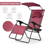 Dark Red Folding Reclining Lounge Chair with Canopy and Cup Holder