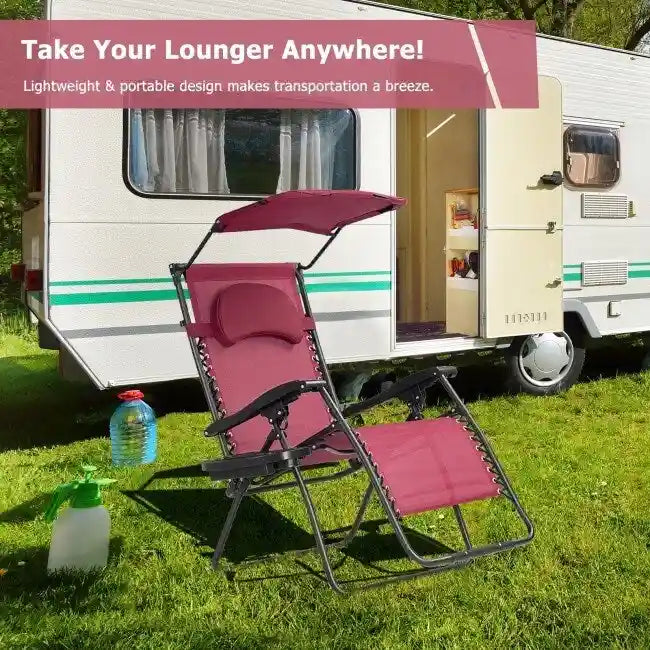 Dark Red Folding Reclining Lounge Chair with Canopy and Cup Holder