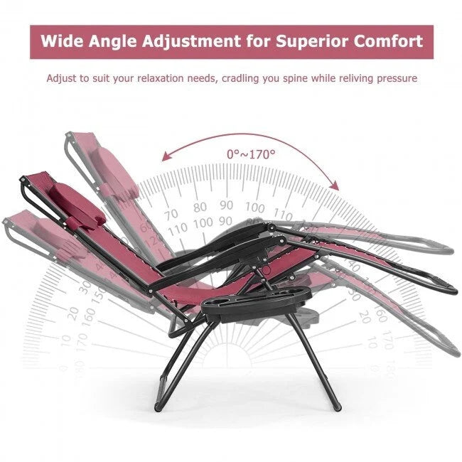 Dark Red Folding Reclining Lounge Chair with Canopy and Cup Holder