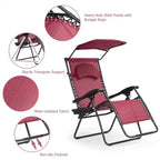Dark Red Folding Reclining Lounge Chair with Canopy and Cup Holder