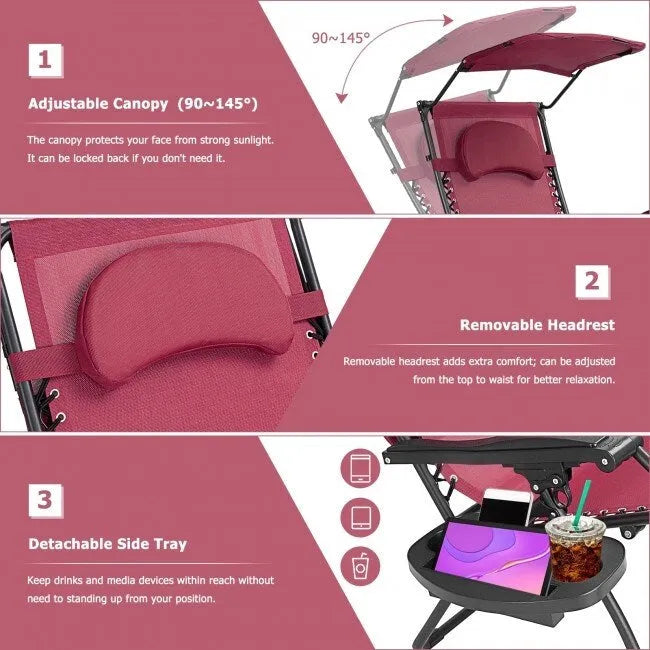 Dark Red Folding Reclining Lounge Chair with Canopy and Cup Holder