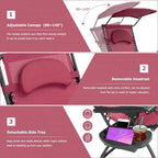 Dark Red Folding Reclining Lounge Chair with Canopy and Cup Holder
