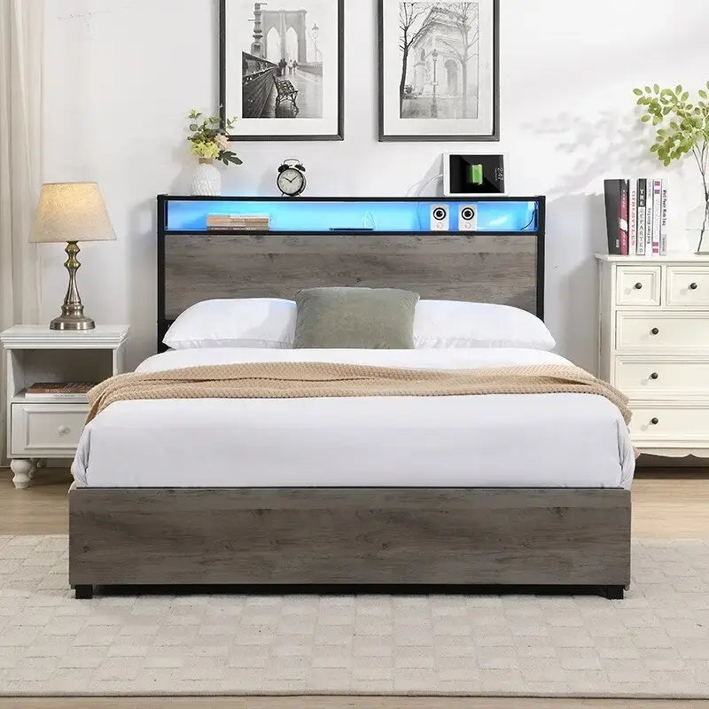Base de cama de metal con cabecero de carga y luces LED