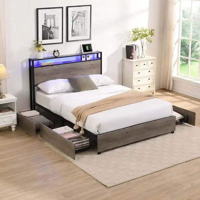 Base de cama de metal con cabecero de carga y luces LED