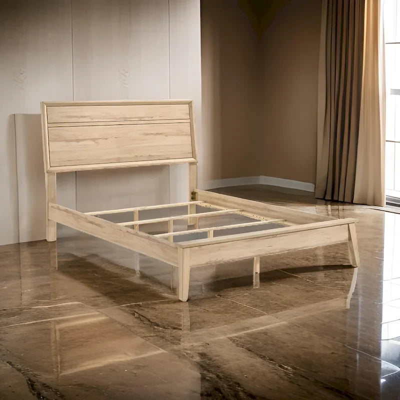 Kali Queen Bed, Panel Design, Melamine Laminate Natural Oak Brown Wood