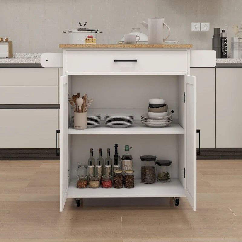 Isla de cocina rodante blanca con encimera de madera de caucho